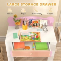 Qaba Kids Desk and Chair Set with Drawer for Drawing, Reading, Bear Theme Children Furniture for Bedroom, Daycare, Pink(m-5)