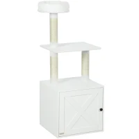 PawHut Cat Tree with Litter Box Enclosure, Scratching Posts, Bed, Climbing Platforms for Indoor Cats, White(m-1)