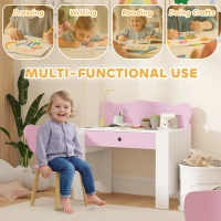 Qaba Kids Desk and Chair Set with Drawer for Drawing, Reading, Bear Theme Children Furniture for Bedroom, Daycare, Pink(m-4)
