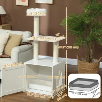 PawHut Cat Tree with Litter Box Enclosure, Sisal Covered Scratching Posts, Large Platform, Bed for Indoor Cats, White(m-3)