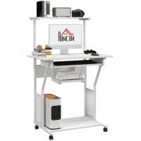 HOMCOM 32" Mobile Computer Table, Rolling Study Desk for Home Office with Keyboard Tray, Storage Shelves, Wheels, White(m-11)