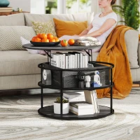 HOMCOM Lift Top Coffee Table, Round Coffee Table with Storage Shelf, Hidden Compartment and Steel Frame, Distressed Dark Grey(m-8)