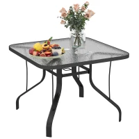 Outsunny Tempered Glass Square Patio Dining Table w/ 2.1" Umbrella Hole for Garden, Balcony, Backyard, 38" x 38" x 28"(m-11)