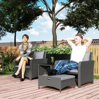 Outsunny 5 Piece Rattan Balcony Furniture Set, Wicker Outdoor Furniture Set with 2-Tier Coffee Table, Ottomans, Grey(m-1)