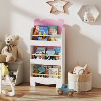 Qaba 3-Tier Bear Theme Kids Bookshelf with Anti-tipping Device for Living Room, Kids Room, Playroom, Pink(m-8)