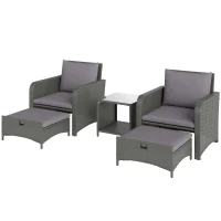 Outsunny 5 Piece Rattan Balcony Furniture Set, Wicker Outdoor Furniture Set with 2-Tier Coffee Table, Ottomans, Grey(m-2)