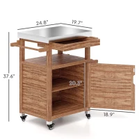 Outsunny Outdoor Grill Cart with Stainless Steel Top, Solid Wood Outdoor Kitchen Island with Wheels, Drawer, Side Handle, Brown(m-3)