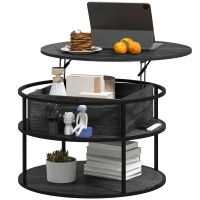 HOMCOM Lift Top Coffee Table, Round Coffee Table with Storage Shelf, Hidden Compartment and Steel Frame, Distressed Dark Grey(m-2)