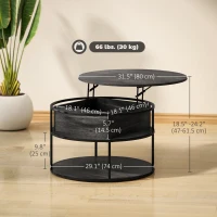 HOMCOM Lift Top Coffee Table, Round Coffee Table with Storage Shelf, Hidden Compartment and Steel Frame, Distressed Dark Grey(m-3)