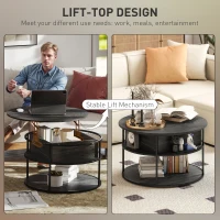 HOMCOM Lift Top Coffee Table, Round Coffee Table with Storage Shelf, Hidden Compartment and Steel Frame, Distressed Dark Grey(m-4)