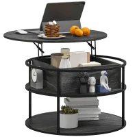 HOMCOM Lift Top Coffee Table, Round Coffee Table with Storage Shelf, Hidden Compartment and Steel Frame, Distressed Dark Grey(m-11)