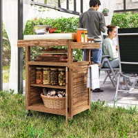 Outsunny Outdoor Grill Cart with Stainless Steel Top, Solid Wood Outdoor Kitchen Island with Wheels, Drawer, Side Handle, Brown(m-10)