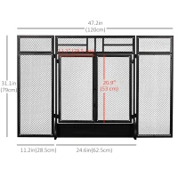 HOMCOM 3-Panel Steel Mesh Fireplace Screen, Decorative Fire Spark Guard Cover with Double Doors, 47x31in, Black(m-3)