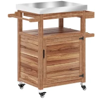 Outsunny Outdoor Grill Cart with Stainless Steel Top, Solid Wood Outdoor Kitchen Island with Wheels, Drawer, Side Handle, Brown(m-1)