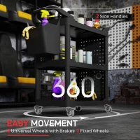 HOMCOM 3-Tier Rolling Tool Cart, 200 LBS Capacity Plastic Utility Cart with Side Shelf and Storage Bucket, Black(m-5)