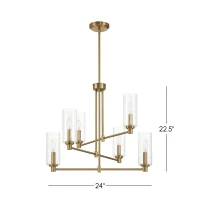Timeless Six-Light Chandelier with Clear Ribbed Glass, Satin Brass Finish, 24" L x 24" W x 22.5" H, Antique Brass+Clear(m-3)