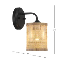 Reef Single Light Wall Sconce with Natural Rattan Shade, Rustic Wicker Wall Light, 5" L x 7" W x 9.5" H, Black+Rattan(m-3)