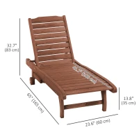 Outsunny Wooden Outdoor Lounge Chair, Adjustable Patio Outdoor Chaise Recliner Garden Furniture, Tanning Chair with Pull-out Tray and 2 Wheels, Brown(m-3)
