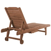 Outsunny Wooden Outdoor Lounge Chair, Adjustable Patio Outdoor Chaise Recliner Garden Furniture, Tanning Chair with Pull-out Tray and 2 Wheels, Brown(m-9)