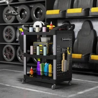 HOMCOM 3-Tier Rolling Tool Cart, 200 LBS Capacity Plastic Utility Cart with Side Shelf and Bucket, Black and Light Gray(m-10)