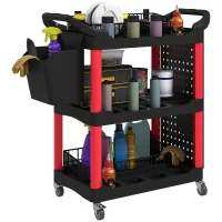 HOMCOM 3-Tier Rolling Tool Cart, 200 LBS Capacity Plastic Utility Cart with Side Shelf and Storage Bucket, Black & Red(m-11)