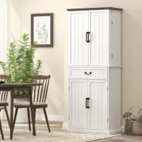 HOMCOM 71" LED Kitchen Pantry Cabinet, Farmhouse Storage Cabinet with Door Shelves, Distressed White(m-8)