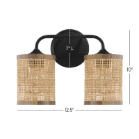 Double Light Vanity Wall Lamp with Natural Rattan Shade, Metal Construction, Ideal for Bathroom Decor, 7" L x 10" W x 12.5" H, Black(m-3)