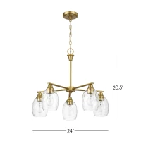 Elegance Five-Light Linear Arm Chandelier with Golden Brass Finish and Clear Water Glass, 24" L x 24" W x 20.5" H, Clear+Gold(m-3)
