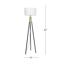 Elegant Brassed Floor Lamp with On/Off Switch, Triple Legs, Fabric Shade, Ideal for Home Decor, 15" L x 15" W x 60" H, Black+White(m-1)