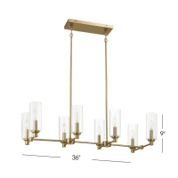 Willow 8-Light Island Pendant Lamp with Clear Ribbed Glass, Satin Brass Finish, 36" L x 15" W x 9" H, Antique Brass+Clear(m-3)