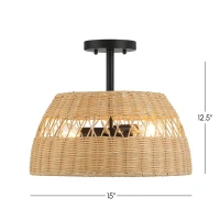 Twinkle Double Lights Semi Flush with Rattan Shade, Black Metal Finish, Farmhouse Style, 15" L x 15" W x 12.5" H, Black+Rattan(m-3)