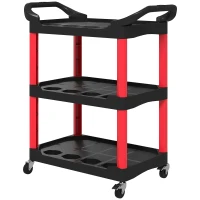 HOMCOM 3-Tier Rolling Tool Cart with Wheels, 200 LBS Capacity Plastic Utility Cart for Garage, Warehouse, Workshop, Black & Red(m-2)