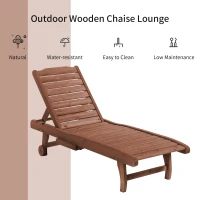 Outsunny Wooden Outdoor Lounge Chair, Adjustable Patio Outdoor Chaise Recliner Garden Furniture, Tanning Chair with Pull-out Tray and 2 Wheels, Brown(m-7)