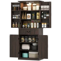 HOMCOM 71" LED Kitchen Pantry Cabinet, Farmhouse Storage Cabinet with Door Shelves, Distressed Brown(m-2)