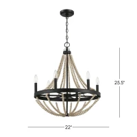 Starry Wood Chandelier with Farmhouse Six Candle Light Pendant, Wood Beads, Perfect for Dining Room, 22" L x 22" W x 25.5" H, Black+Clear(m-3)