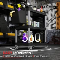 HOMCOM 3-Tier Rolling Tool Cart, 200 LBS Capacity Plastic Utility Cart with Side Shelf and Bucket, Black and Light Gray(m-5)