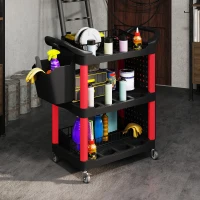 HOMCOM 3-Tier Rolling Tool Cart, 200 LBS Capacity Plastic Utility Cart with Side Shelf and Storage Bucket, Black & Red(m-8)