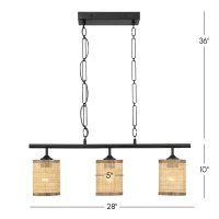 Three-Light Island Ceiling Lamp with Rattan Shade, Farmhouse Chain Design, Ideal for Dining Room, Kitchen, 28" L x 5" W x 10" H, Black(m-3)
