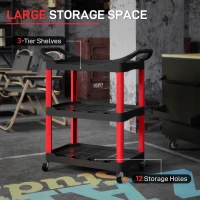 HOMCOM 3-Tier Rolling Tool Cart with Wheels, 200 LBS Capacity Plastic Utility Cart for Garage, Warehouse, Workshop, Black & Red(m-4)