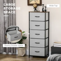 HOMCOM 5 Drawer Dresser for Bedroom, Tall Fabric Chest of Drawers with Steel Frame, Wood Grain Top and Handles, Grey(m-4)