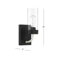 Zephyr Single Light Sconce with Clear Glass, Metal Finish, Modern Elegance 5" L x 6" W x 12" H, Black+Clear(m-3)