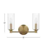 Regal Double Light Vanity with Clear Ribbed Glass, Satin Brass Finish, 15" L x 5" W x 10" H, Antique Brass+Clear(m-3)