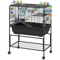 PawHut 3 Tier Hamster Cage, Rolling Rat Cage with Deep Tray, Storage Shelf, Big Exercise Wheel, Hut, Tube System(m-1)