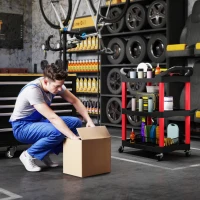 HOMCOM 3-Tier Rolling Tool Cart with Wheels, 200 LBS Capacity Plastic Utility Cart for Garage, Warehouse, Workshop, Black & Red(m-7)