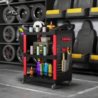 HOMCOM 3-Tier Rolling Tool Cart, 200 LBS Capacity Plastic Utility Cart with Side Shelf and Storage Bucket, Black & Red(m-10)