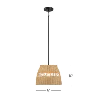 Farmhouse Style Single Light Pendant with Rattan Shade, Black Metal Finish, Ideal for Homer Decor, 12" L x 12" W x 10" H, Black(m-3)
