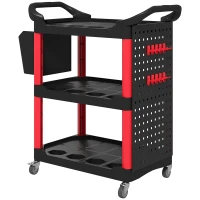 HOMCOM 3-Tier Rolling Tool Cart, 200 LBS Capacity Plastic Utility Cart with Side Shelf and Storage Bucket, Black & Red(m-1)