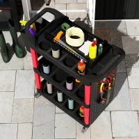 HOMCOM 3-Tier Rolling Tool Cart, 200 LBS Capacity Plastic Utility Cart with Side Shelf and Storage Bucket, Black & Red(m-9)