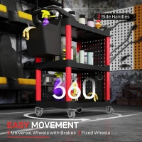 HOMCOM 3-Tier Rolling Tool Cart, 200 LBS Capacity Plastic Utility Cart with Side Shelf and Storage Bucket, Black & Red(m-5)