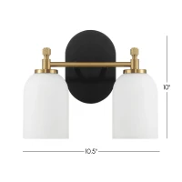Vortex Two Lights Vanity Wall Sconce with White Frosted Glass, Traditional Style for Over Bathroom Mirror, 10.5" L x 5.5" W x 10" H, Gold+White(m-3)
